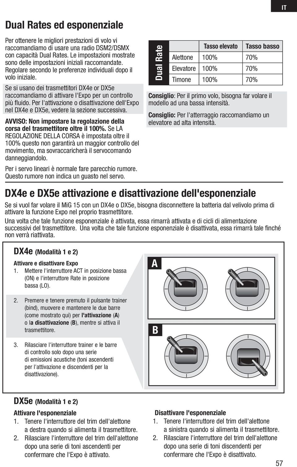 Se si usano dei trasmettitori DX4e or DX5e raccomandiamo di attivare l'expo per un controllo più fl uido. Per l'attivazione o disattivazione dell'expo nel DX4e e DX5e, vedere la sezione successiva.