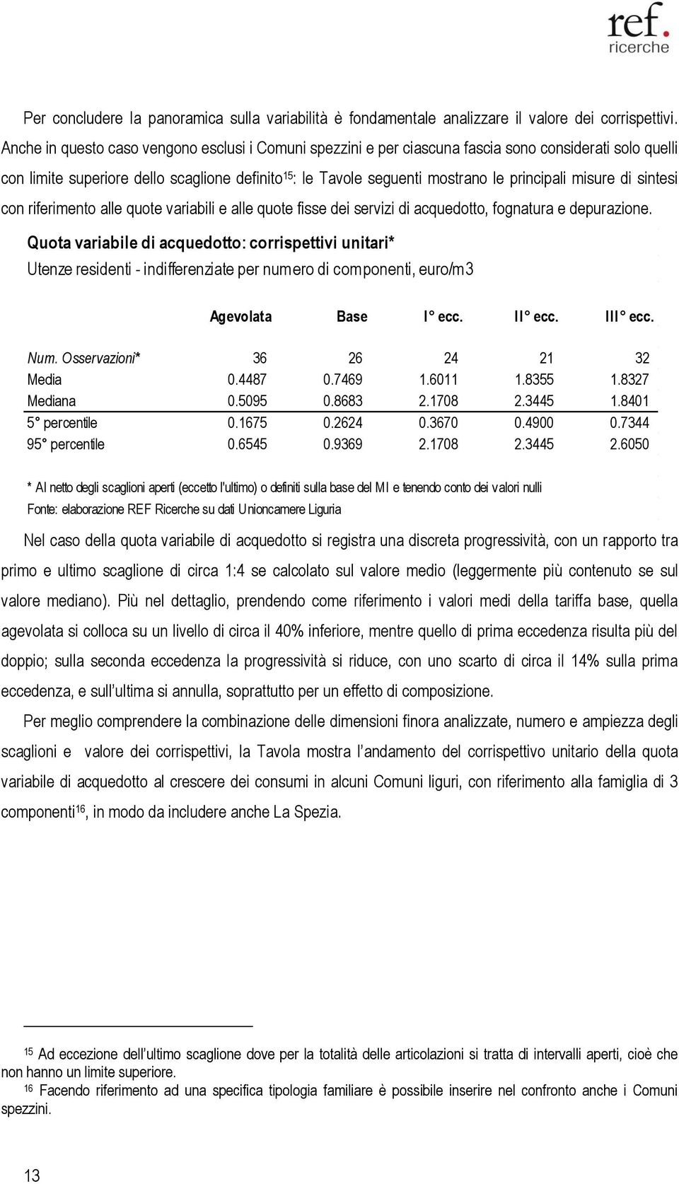 misure di sintesi con riferimento alle quote variabili e alle quote fisse dei servizi di acquedotto, fognatura e depurazione.