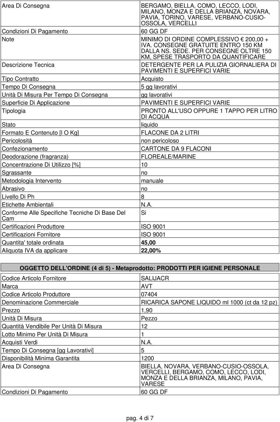 PER CONSEGNE OLTRE 150 KM, SPESE TRASPORTO DA QUANTIFICARE DETERGENTE PER LA PULIZIA GIORNALIERA DI PAVIMENTI E SUPERFICI VARIE 5 Superficie Di Applicazione PAVIMENTI E SUPERFICI VARIE PRONTO ALL'USO