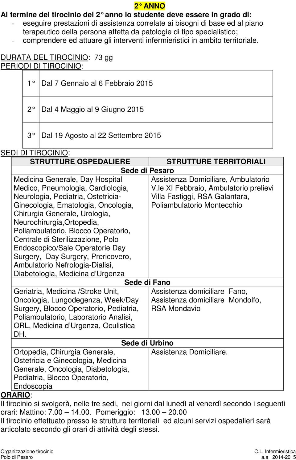 DURATA DEL TIROCINIO: 73 gg 1 Dal 7 Gennaio al 6 Febbraio 2015 2 Dal 4 Maggio al 9 Giugno 2015 3 Dal 19 Agosto al 22 Settembre 2015 STRUTTURE OSPEDALIERE STRUTTURE TERRITORIALI, Day Hospital