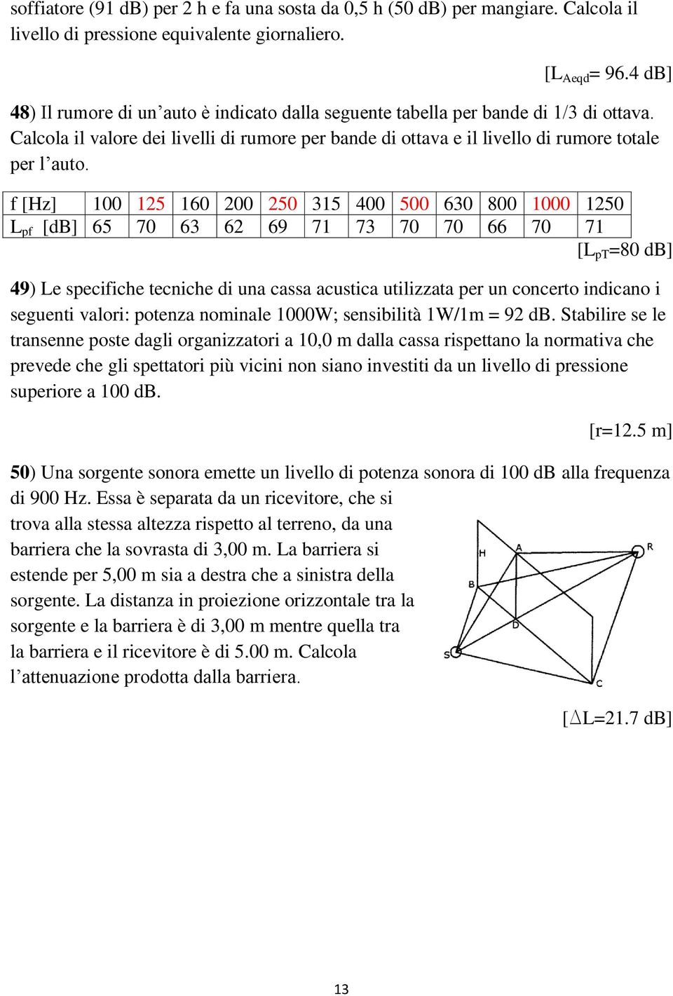 f [Hz] 100 125 160 200 250 315 400 500 630 800 1000 1250 L pf [db] 65 70 63 62 69 71 73 70 70 66 70 71 [L pt =80 db] 49) Le specifiche tecniche di una cassa acustica utilizzata per un concerto