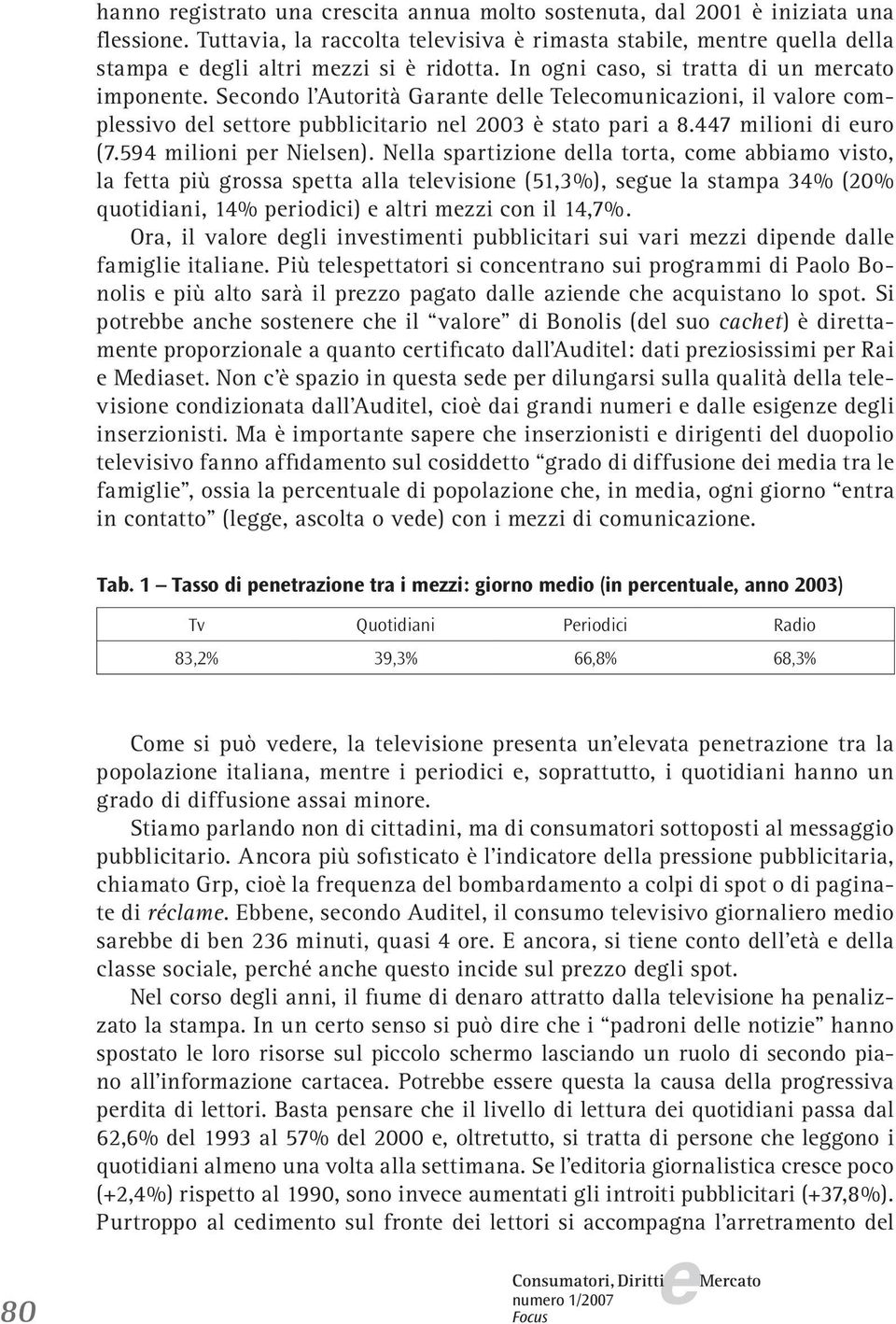 594 milioni pr Nilsn). Nlla spartizion dlla torta, com abbiamo visto, la ftta più grossa sptta alla tlvision (51,3%), sgu la stampa 34% (20% quotidiani, 14% priodici) altri mzzi con il 14,7%.