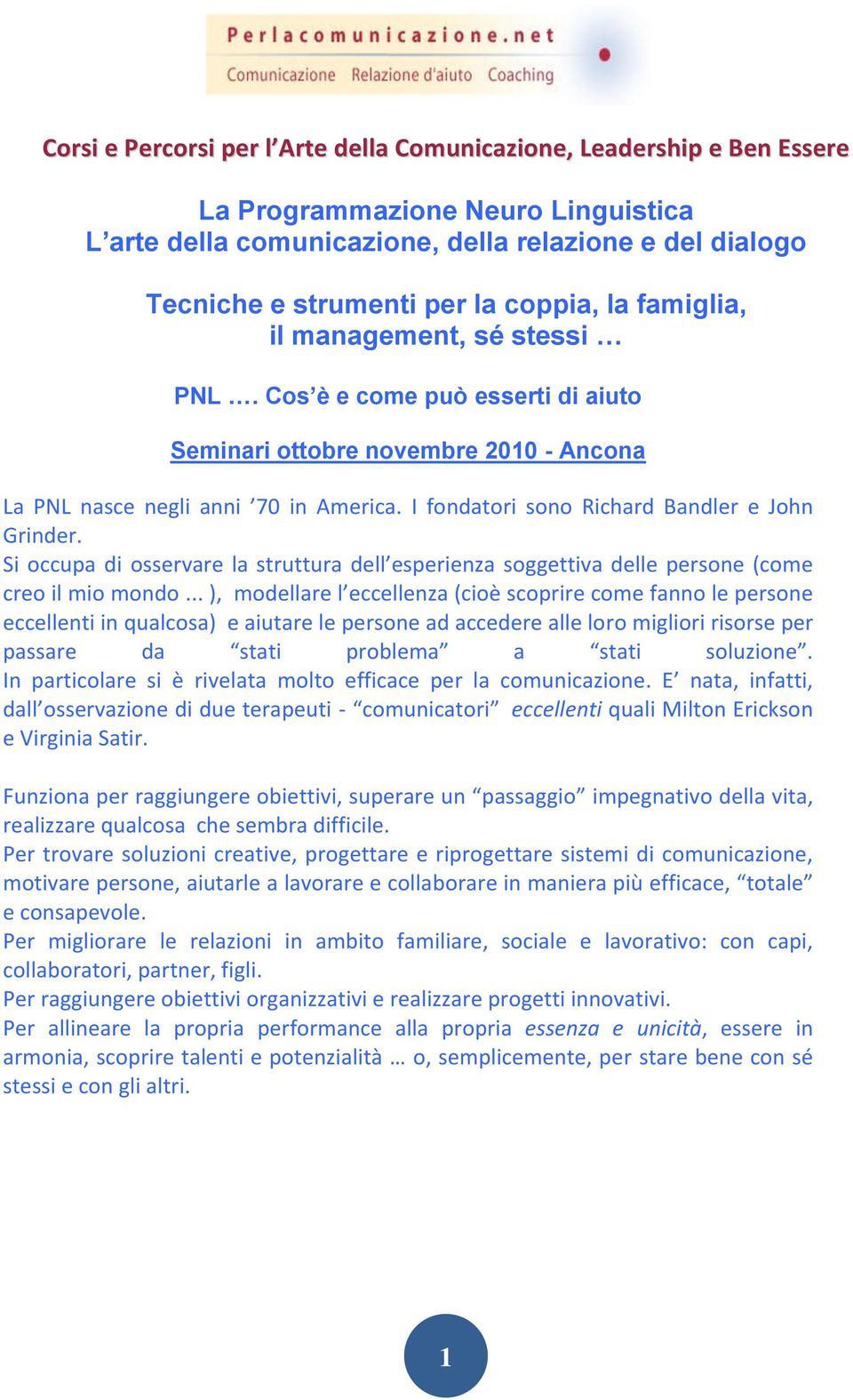 I fondatori sono Richard Bandler e John Grinder. Si occupa di osservare la struttura dell esperienza soggettiva delle persone (come creo il mio mondo.