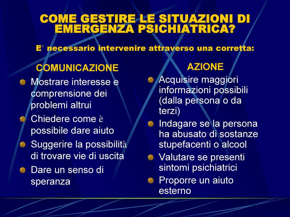 Chiedere come è possibile dare aiuto Suggerire la possibilità di trovare vie di uscita Dare un senso di speranza AZIONE