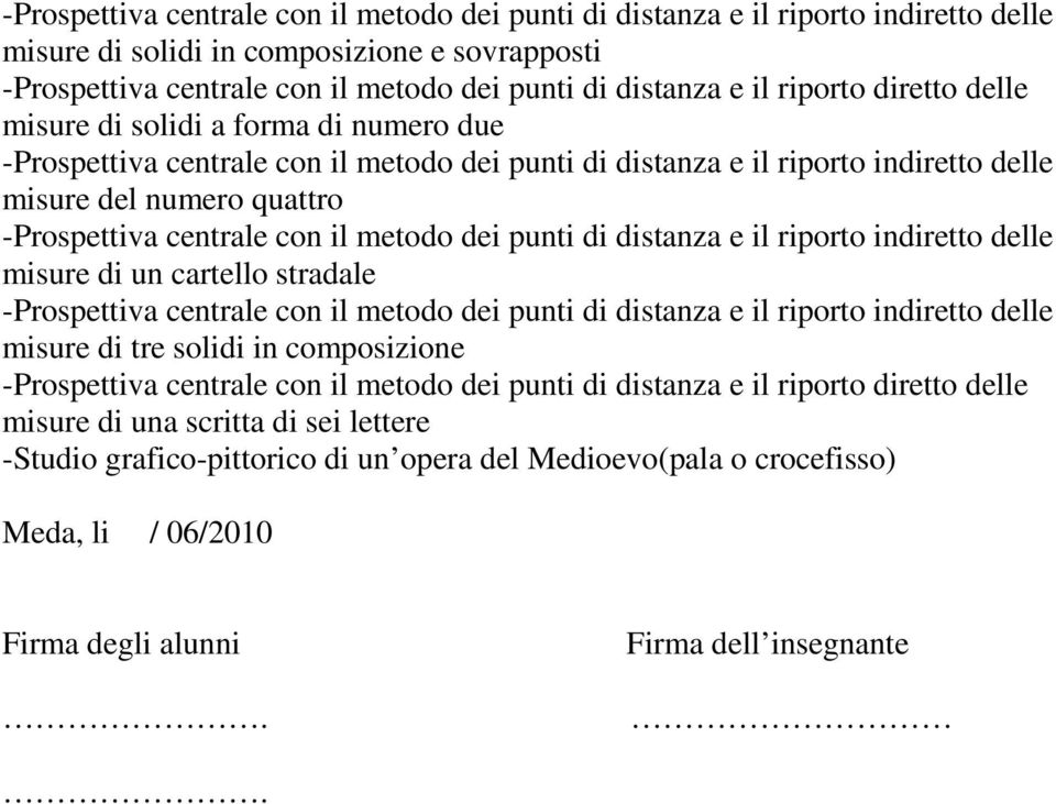 il metodo dei punti di distanza e il riporto indiretto delle misure di un cartello stradale -Prospettiva centrale con il metodo dei punti di distanza e il riporto indiretto delle misure di tre solidi