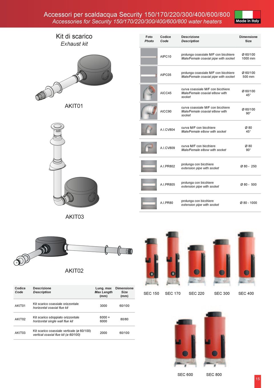 socket Ø 60/100 500 mm AICC45 curva coassiale M/F con bicchiere Male/Female coaxial elbow with socket Ø 60/100 45 AKIT01 AICC90 curva coassiale M/F con bicchiere Male/Female coaxial elbow with socket