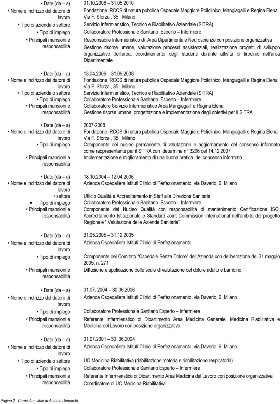 organizzativa Gestione risorse umane, valutazione processi assistenziali, realizzazione progetti di sviluppo organizzativo dell area, coordinamento degli studenti durante attività di tirocinio nell