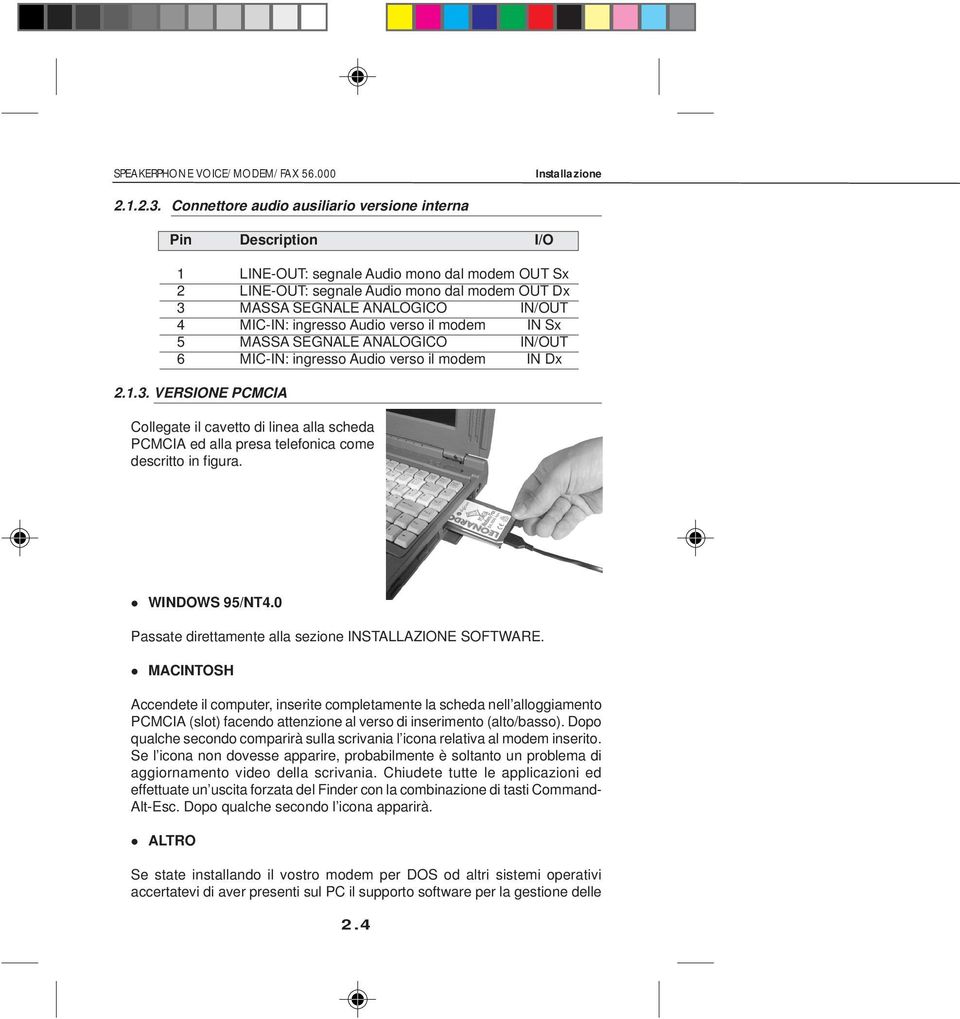 MIC-IN: ingresso Audio verso il modem IN Sx 5 MASSA SEGNALE ANALOGICO IN/OUT 6 MIC-IN: ingresso Audio verso il modem IN Dx 2.1.3.