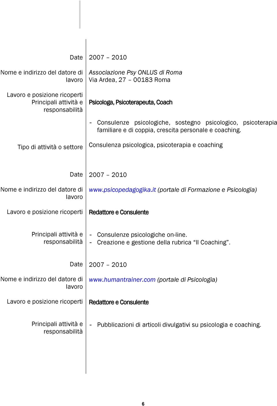 Tipo di attività o settore Consulenza psicologica, psicoterapia e coaching 2007 2010 www.psicopedagogika.