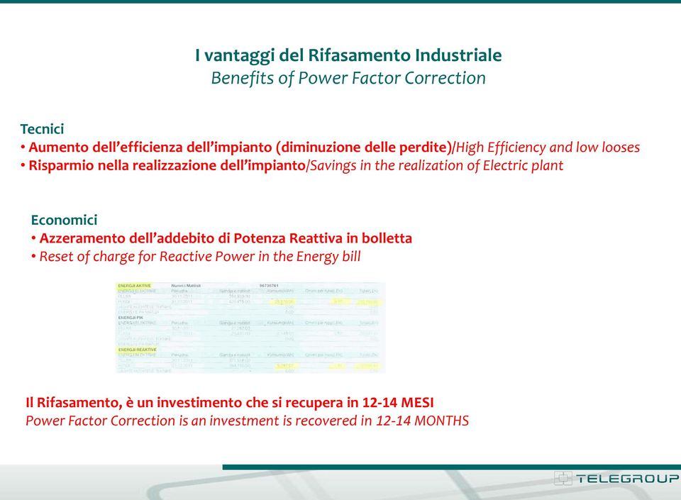 of Electric plant Economici Azzeramento dell addebito di Potenza Reattiva in bolletta Reset of charge for Reactive Power in the