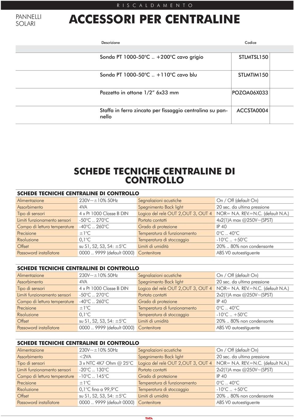 CENTRALINE DI CONTROLLO Alimentazione 230V~±10% 50Hz Segnalazioni acustiche On / Off (default On) Assorbimento 4VA Spegnimento Back light 20 sec.