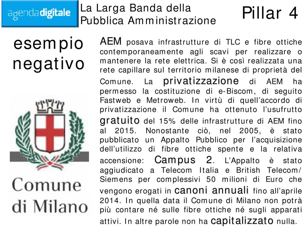 In virtù di quell accordo di privatizzazione il Comune ha ottenuto l usufrutto gratuito del 15% delle infrastrutture di AEM fino gratuito al 2015.