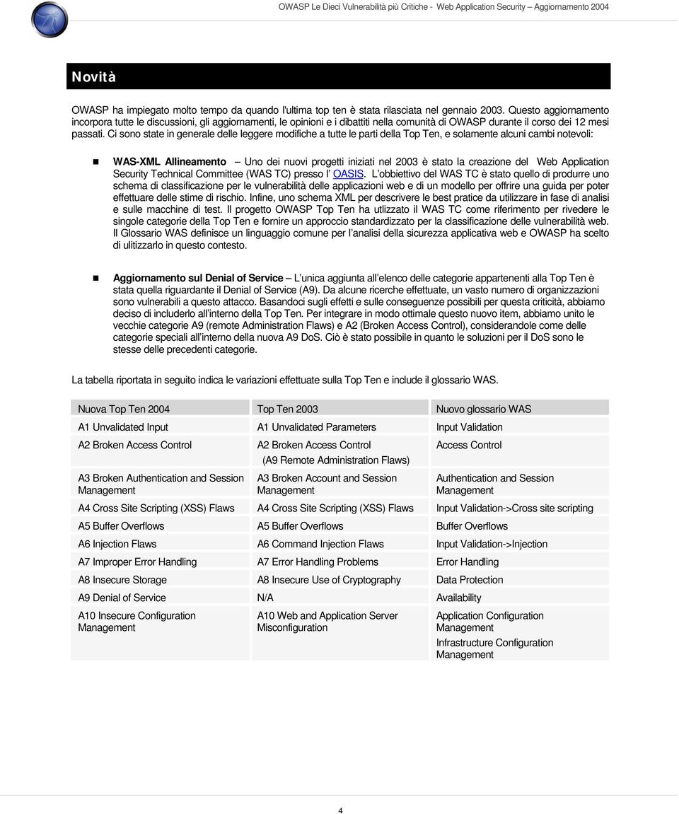 Ci sono state in generale delle leggere modifiche a tutte le parti della Top Ten, e solamente alcuni cambi notevoli: WAS-XML Allineamento Uno dei nuovi progetti iniziati nel 2003 è stato la creazione