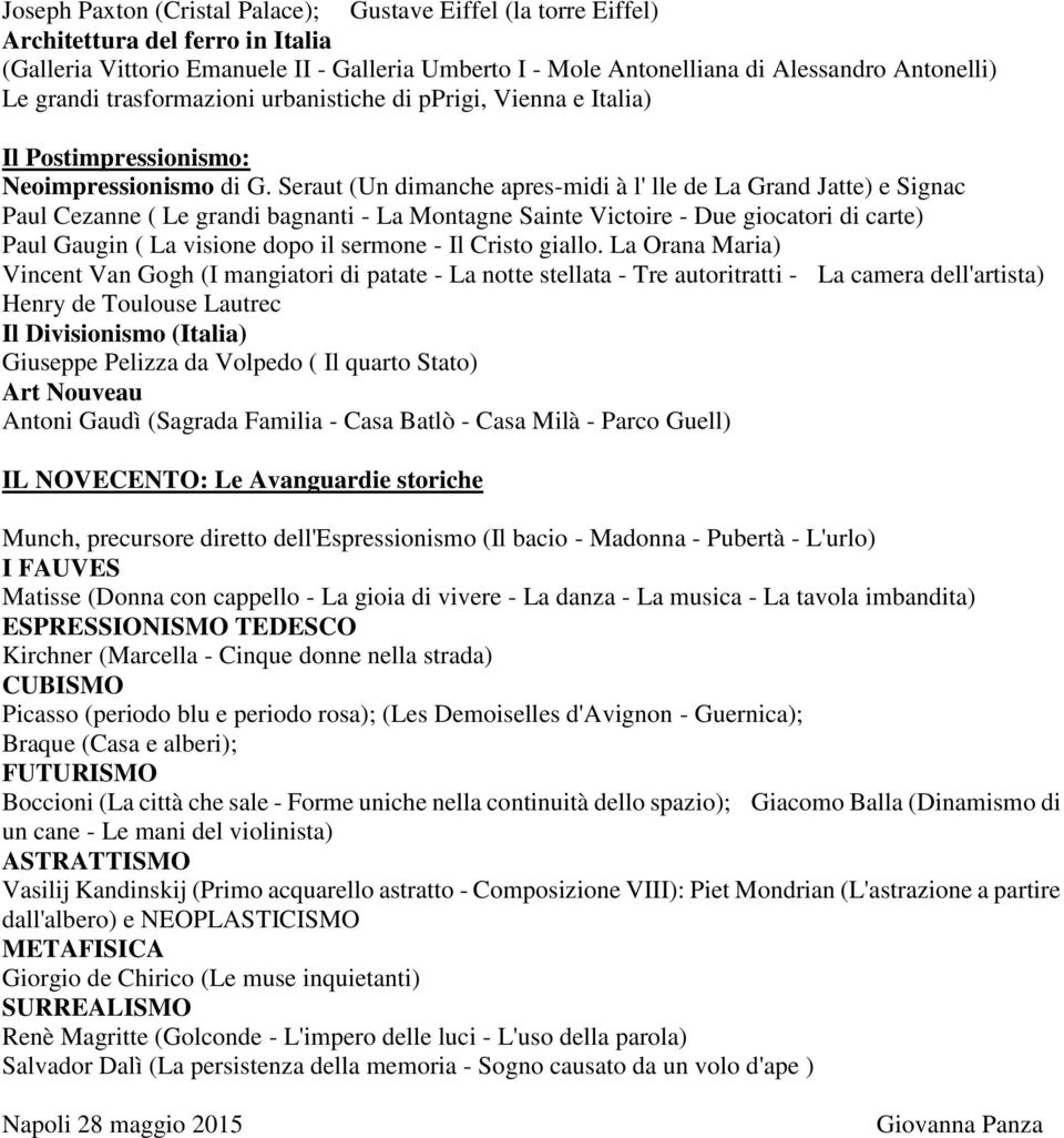 Seraut (Un dimanche apres-midi à l' lle de La Grand Jatte) e Signac Paul Cezanne ( Le grandi bagnanti - La Montagne Sainte Victoire - Due giocatori di carte) Paul Gaugin ( La visione dopo il sermone