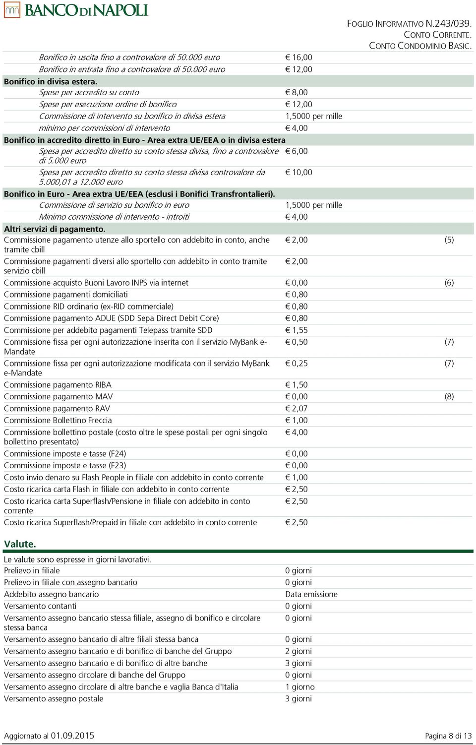 Bonifico in accredito diretto in Euro - Area extra UE/EEA o in divisa estera Spesa per accredito diretto su conto stessa divisa, fino a controvalore 6,00 di 5.