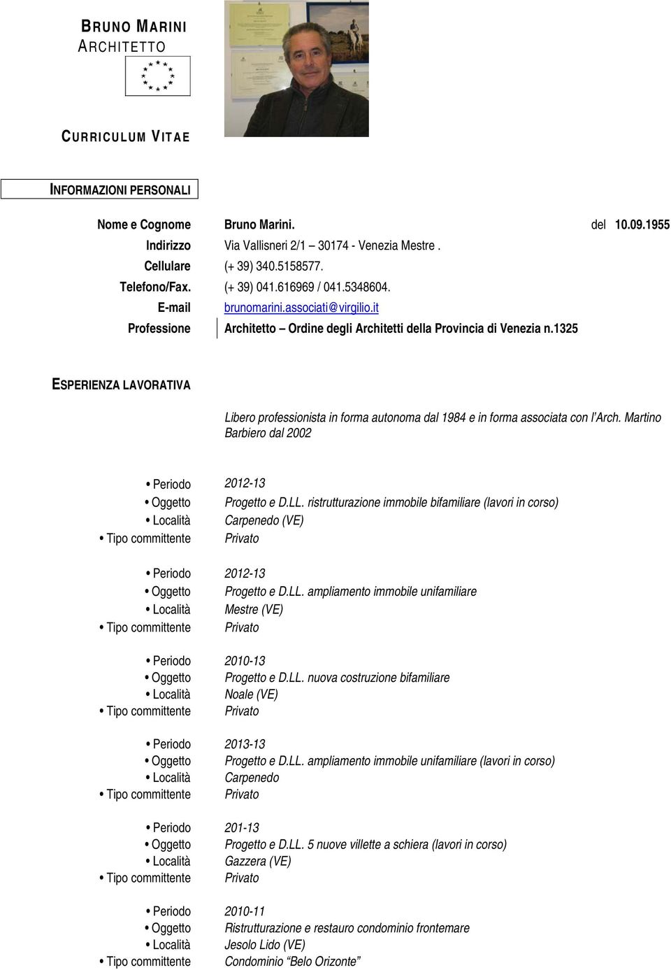 1325 ESPERIENZA LAVORATIVA Libero professionista in forma autonoma dal 1984 e in forma associata con l Arch. Martino Barbiero dal 2002 2012-13 Progetto e D.LL.