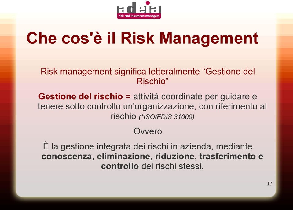 un'organizzazione, con riferimento al rischio (*ISO/FDIS 31000) Ovvero È la gestione integrata