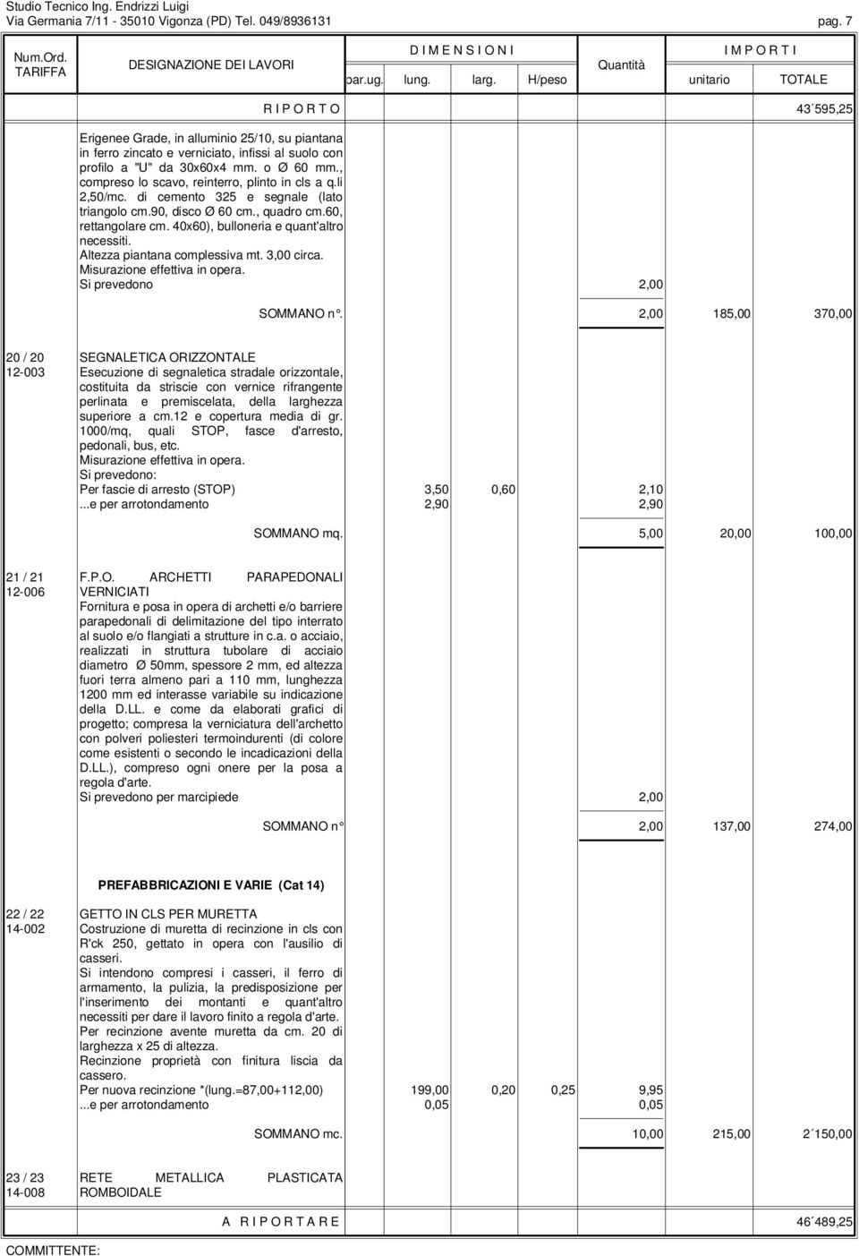 , compreso lo scavo, reinterro, plinto in cls a q.li 2,50/mc. di cemento 325 e segnale (lato triangolo cm.90, disco Ø 60 cm., quadro cm.60, rettangolare cm. 40x60), bulloneria e quant'altro necessiti.