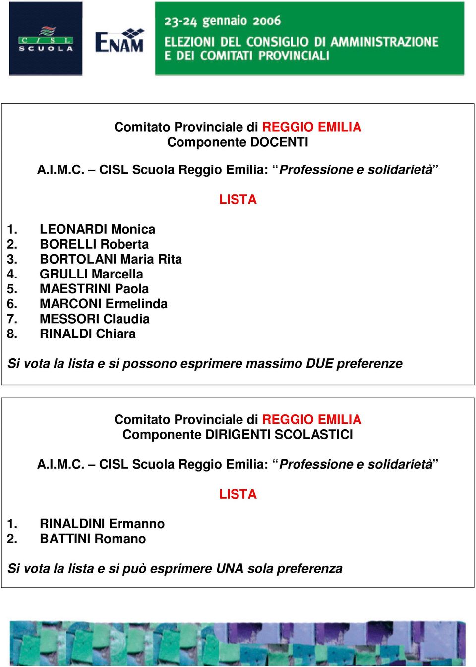 MARCONI Ermelinda 7. MESSORI Claudia 8. RINALDI Chiara  RINALDINI Ermanno 2. BATTINI Romano