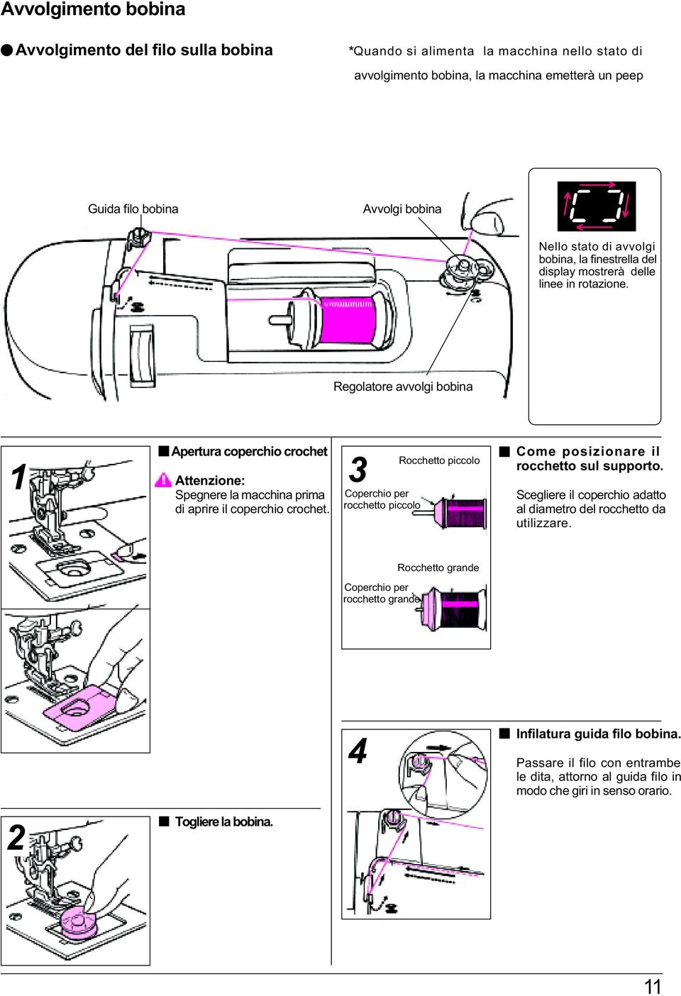 Regolatore avvolgi bobina Apertura coperchio crochet Attenzione: Spegnere la macchina prima di aprire il coperchio crochet.