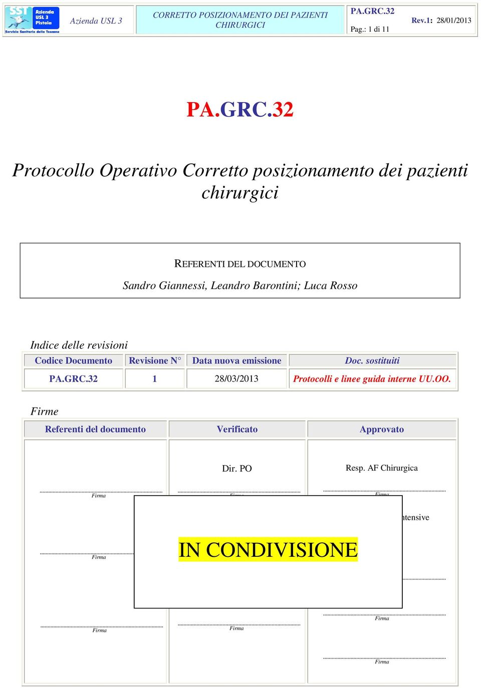 sostituiti 1 28/03/2013 Protocolli e linee guida interne UU.OO. Firme Referenti del documento Verificato Approvato Dir.