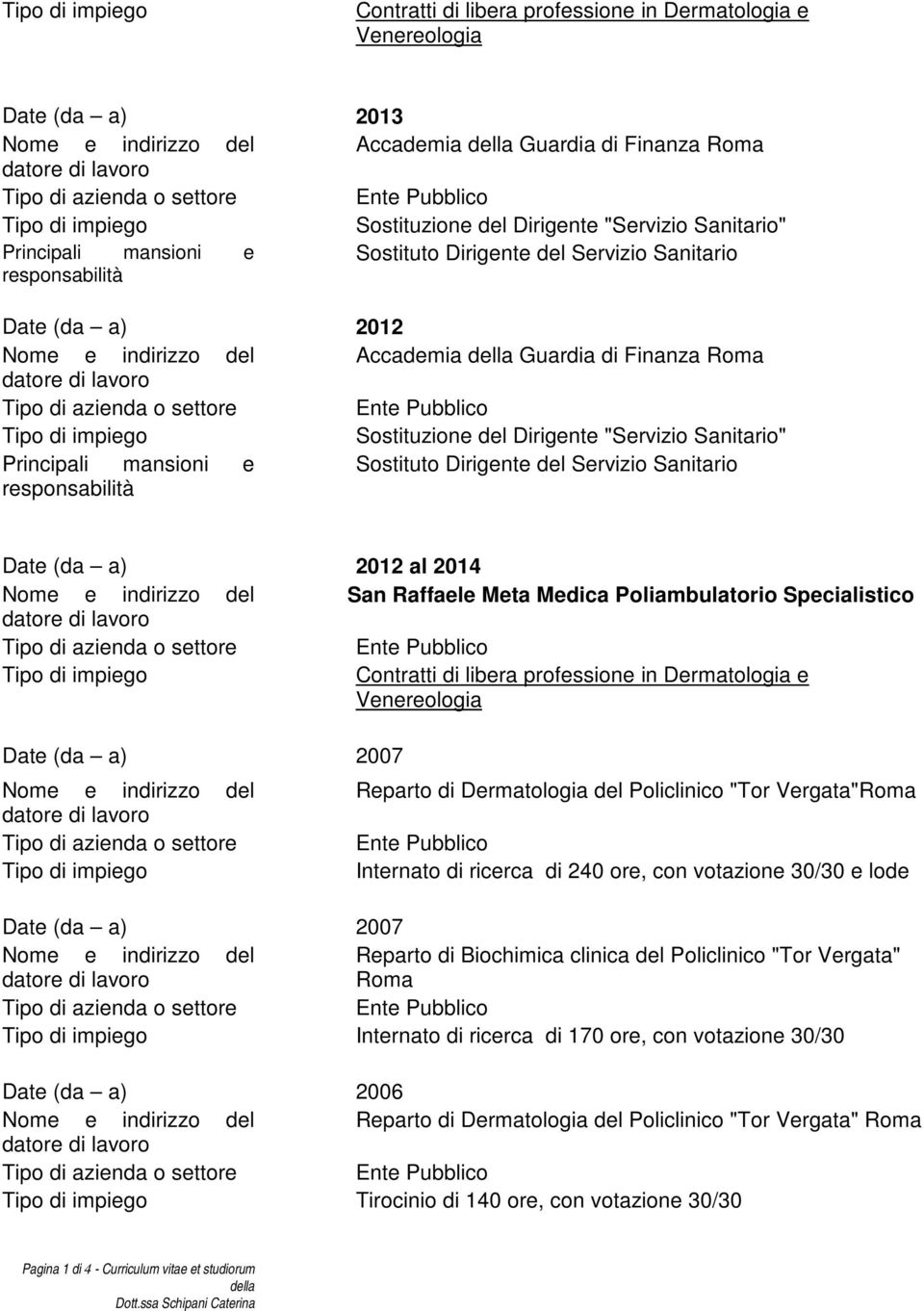 Sostituto Dirigente del Servizio Sanitario Date (da a) 2012 al 2014 Nome e indirizzo del San Raffaele Meta Medica Poliambulatorio Specialistico Contratti di libera professione in Dermatologia e