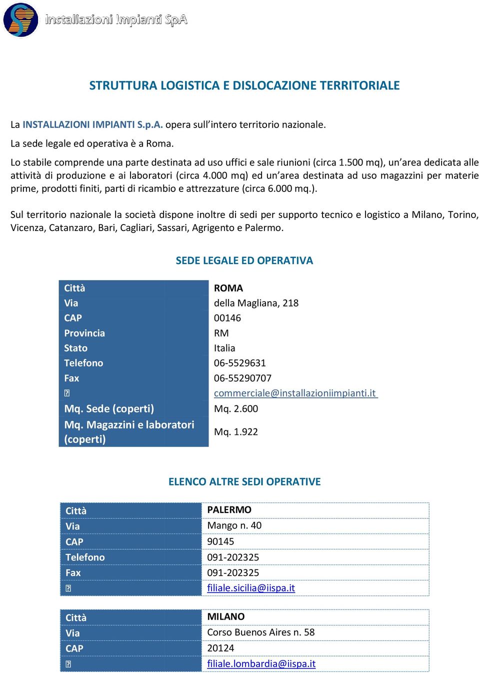 000 mq) ed un area destinata ad uso magazzini per materie prime, prodotti finiti, parti di ricambio e attrezzature (circa 6.000 mq.). Sul territorio nazionale la società dispone inoltre di sedi per supporto tecnico e logistico a Milano, Torino, Vicenza, Catanzaro, Bari, Cagliari, Sassari, Agrigento e Palermo.