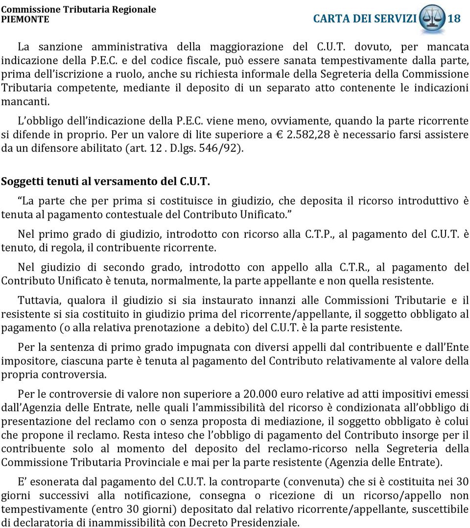 U.T. dovuto, per mancata indicazione della P.E.C.