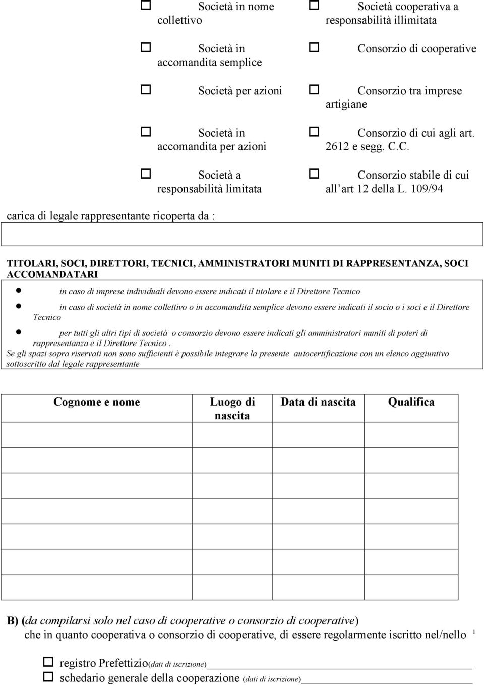 109/94 carica di legale rappresentante ricoperta da : TITOLARI, SOCI, DIRETTORI, TECNICI, AMMINISTRATORI MUNITI DI RAPPRESENTANZA, SOCI ACCOMANDATARI in caso di imprese individuali devono essere