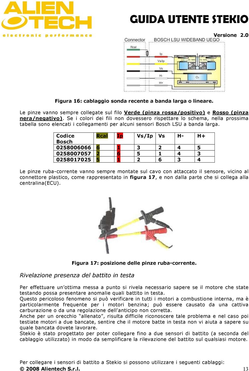 Codice Rcal Ip Vs/Ip Vs H- H+ Bosch 0258006066 6 1 3 2 4 5 0258007057 2 6 5 1 4 3 0258017025 5 1 2 6 3 4 Le pinze ruba-corrente vanno sempre montate sul cavo con attaccato il sensore, vicino al