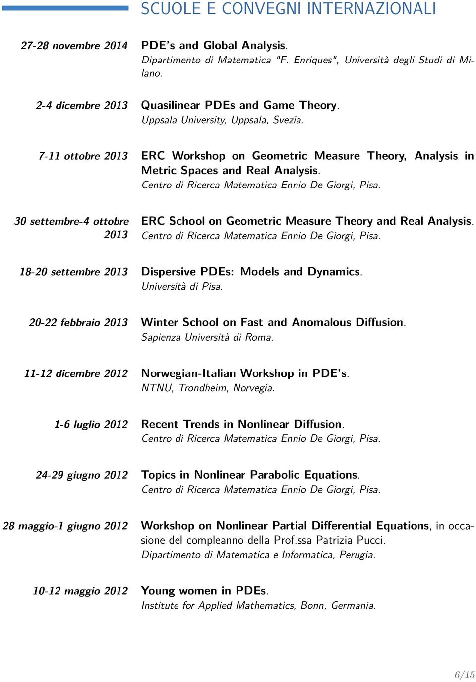 Centro di Ricerca Matematica Ennio De Giorgi, Pisa. 30 settembre-4 ottobre 2013 ERC School on Geometric Measure Theory and Real Analysis. Centro di Ricerca Matematica Ennio De Giorgi, Pisa.