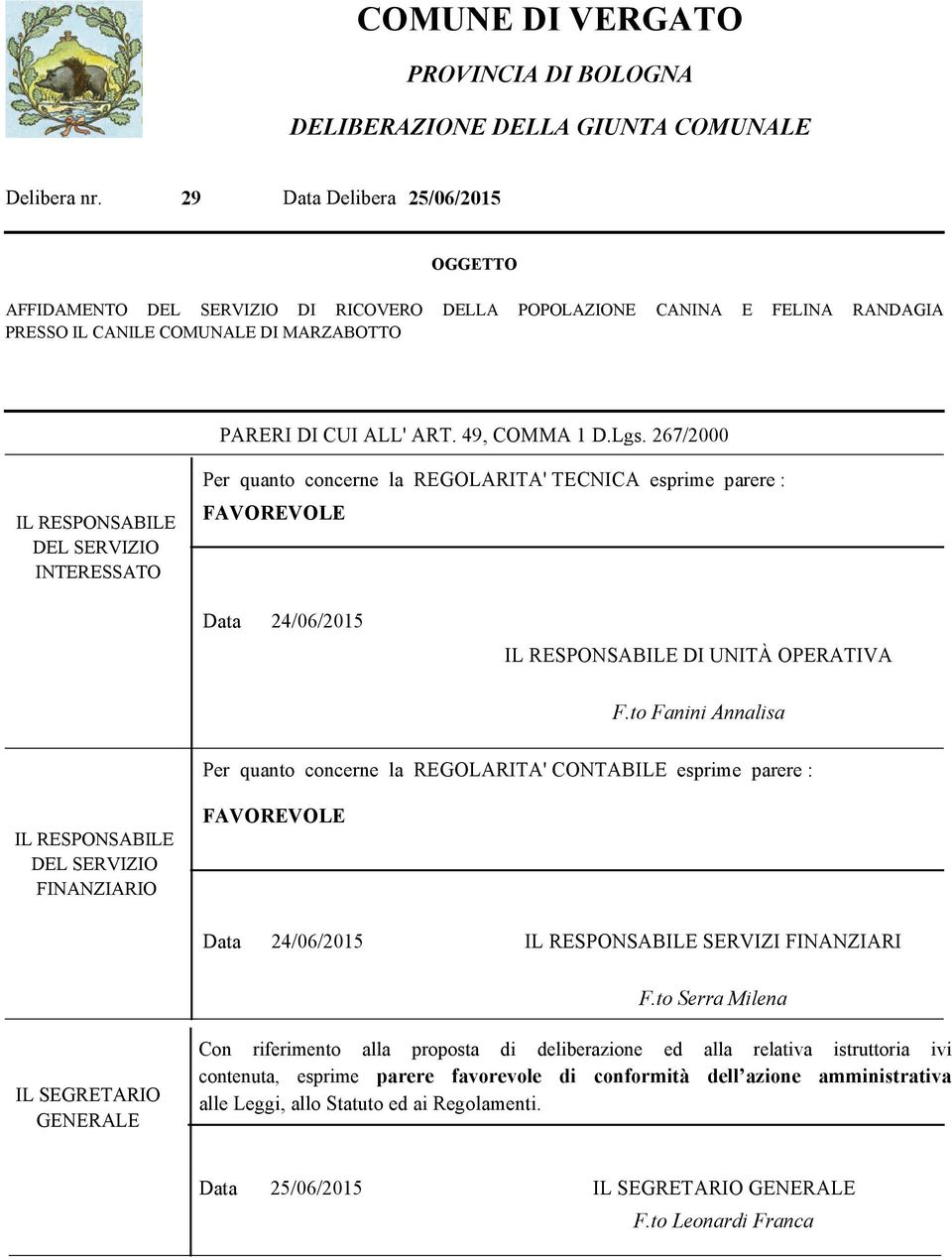 267/2000 IL RESPONSABILE DEL SERVIZIO INTERESSATO Per quanto concerne la REGOLARITA' TECNICA esprime parere : FAVOREVOLE Data 24/06/2015 IL RESPONSABILE DI UNITÀ OPERATIVA F.