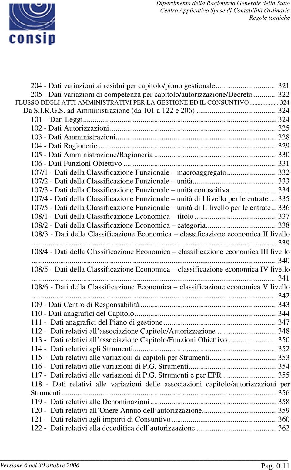 .. 325 103 - Dati Amministrazioni... 328 104 - Dati Ragionerie... 329 105 - Dati Amministrazione/Ragioneria... 330 106 - Dati Funzioni Obiettivo.