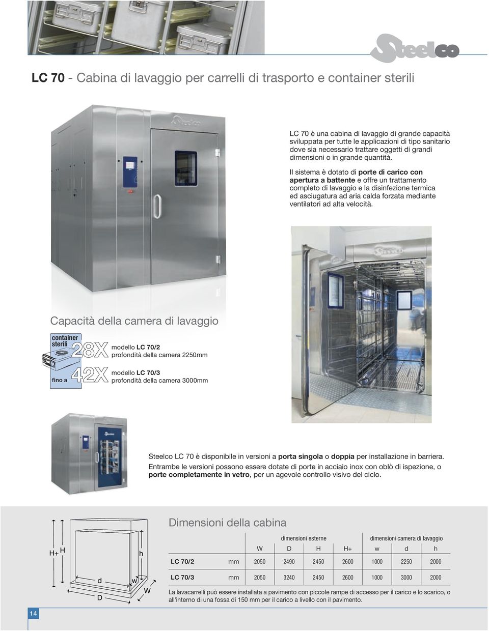 Il sistema è dotato di porte di carico con apertura a battente e offre un trattamento completo di lavaggio e la disinfezione termica ed asciugatura ad aria calda forzata mediante ventilatori ad alta