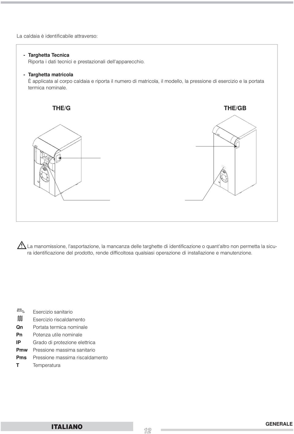 THE/G THE/GB b La manomissione, l'asportazione, la mancanza delle targhette di identificazione o quant'altro non permetta la sicura identificazione del prodotto, rende difficoltosa qualsiasi