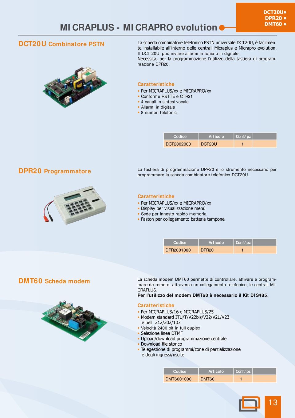 Per MICRAPLUS/xx e MICRAPRO/xx Conforme R&TTE e CTR21 4 canali in sintesi vocale Allarmi in digitale 8 numeri telefonici DCT2002000 DCT20U 1 DPR20 Programmatore La tastiera di programmazione DPR20 è