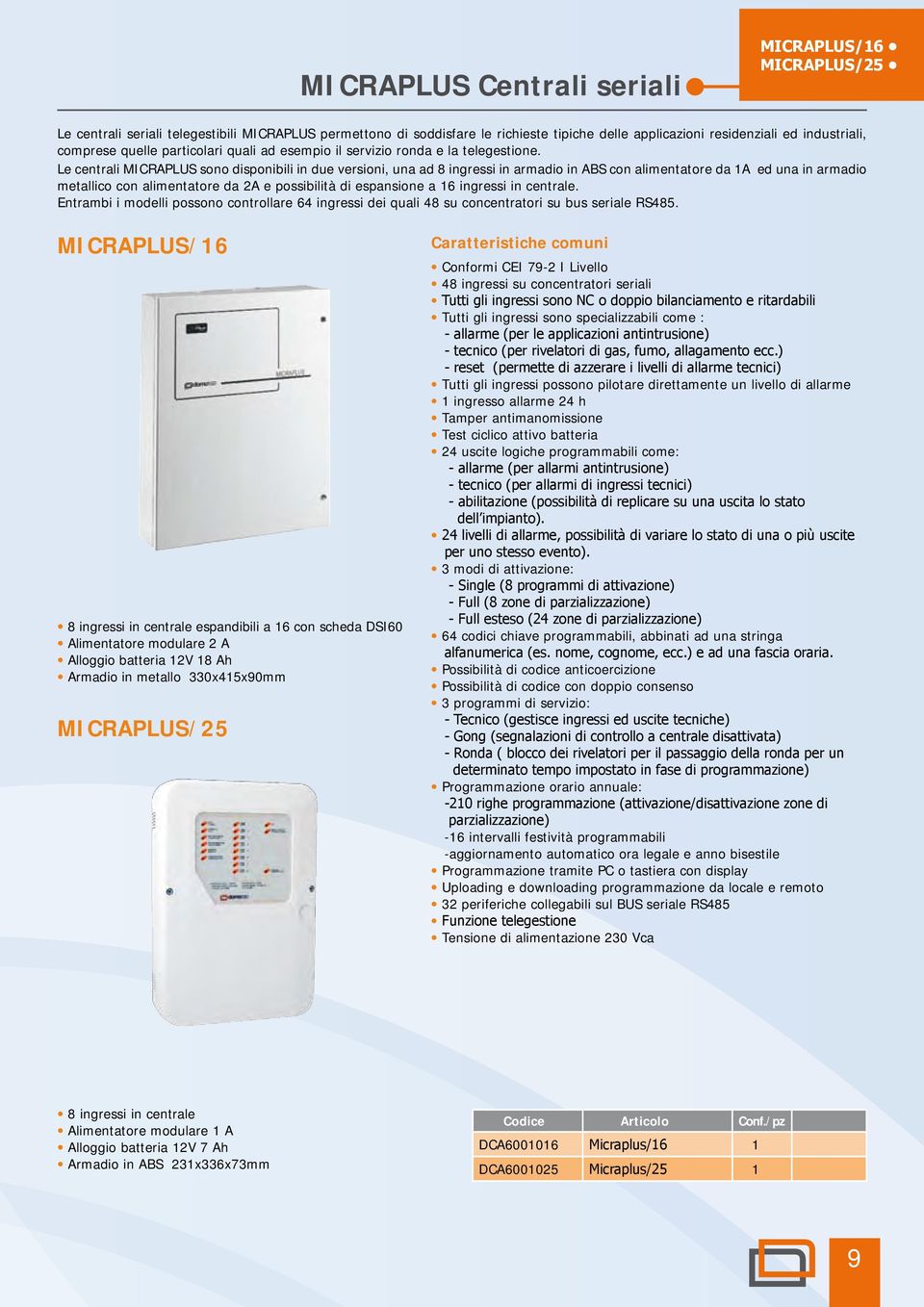 Le centrali MICRAPLUS sono disponibili in due versioni, una ad 8 ingressi in armadio in ABS con alimentatore da 1A ed una in armadio metallico con alimentatore da 2A e possibilità di espansione a 16