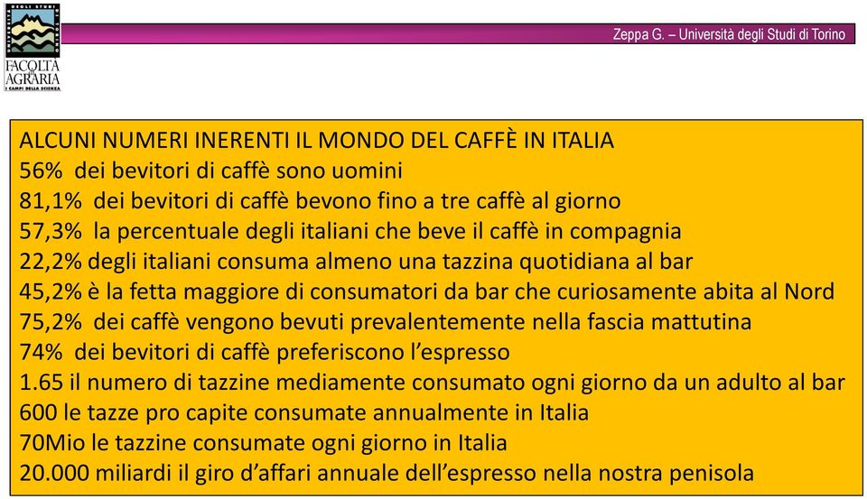 75,2% dei caffè vengono bevuti prevalentemente nella fascia mattutina 74% dei bevitori di caffè preferiscono l espresso 1.