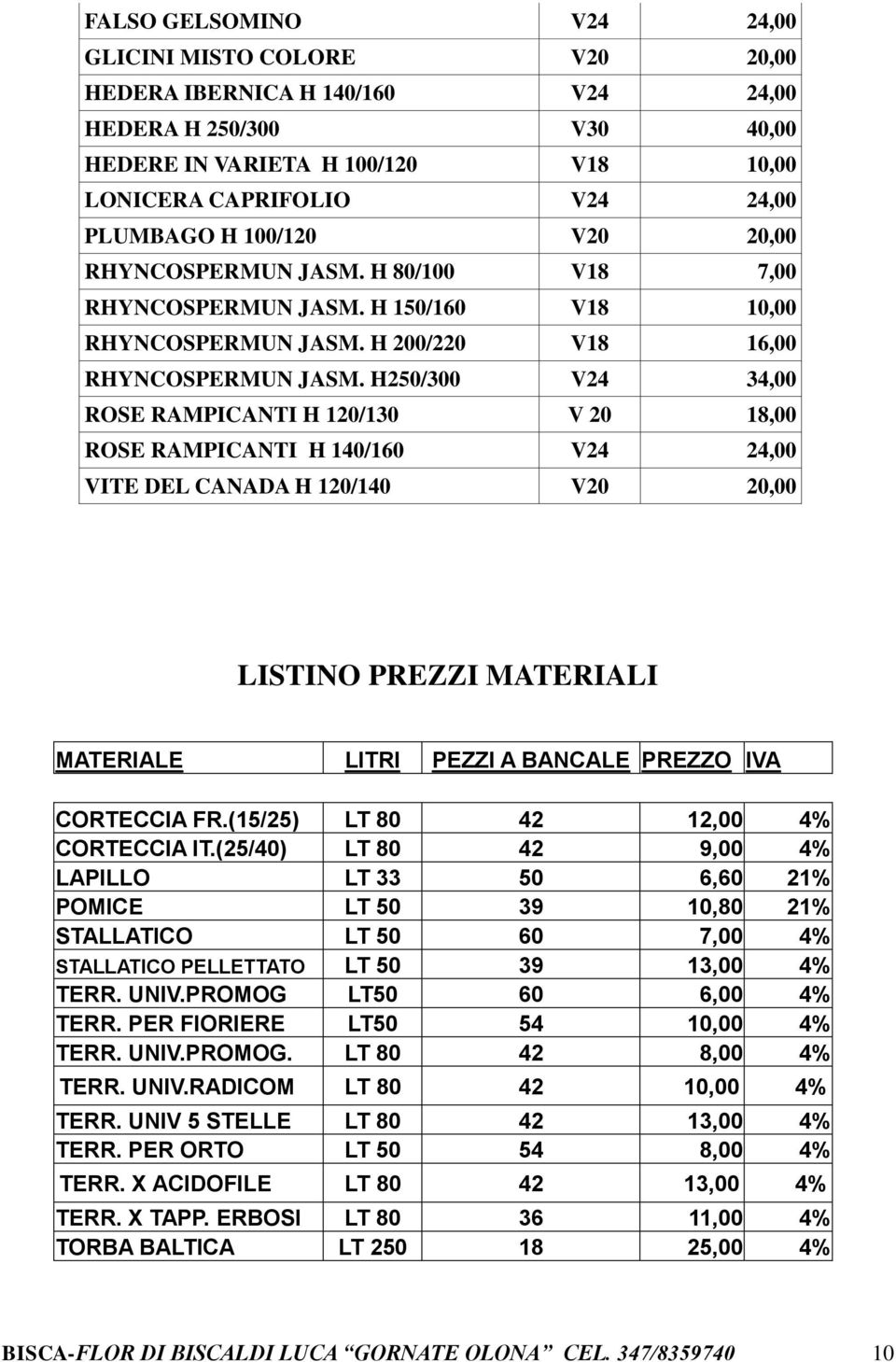 H250/300 V24 34,00 ROSE RAMPICANTI H 120/130 V 20 18,00 ROSE RAMPICANTI H 140/160 V24 24,00 VITE DEL CANADA H 120/140 V20 20,00 LISTINO PREZZI MATERIALI MATERIALE LITRI PEZZI A BANCALE PREZZO IVA