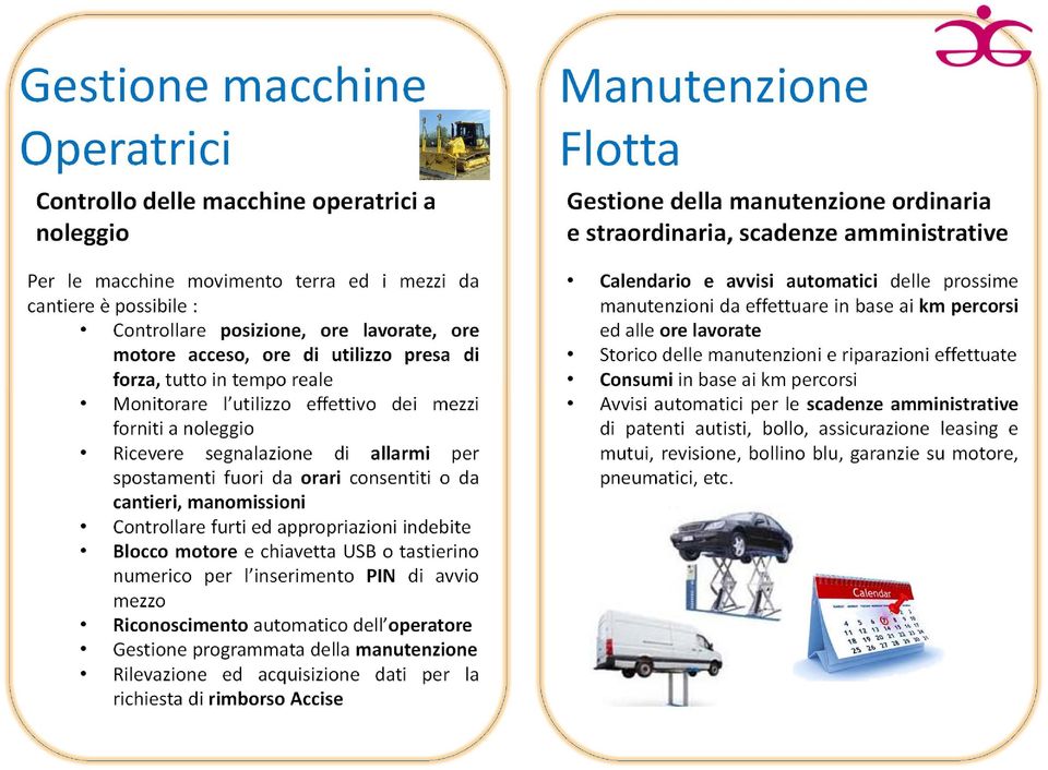 da cantieri, manomissioni Controllare furti ed appropriazioni indebite Blocco motore e chiavetta USB o tastierino numerico per l inserimento PIN di avvio mezzo Riconoscimento automatico dell