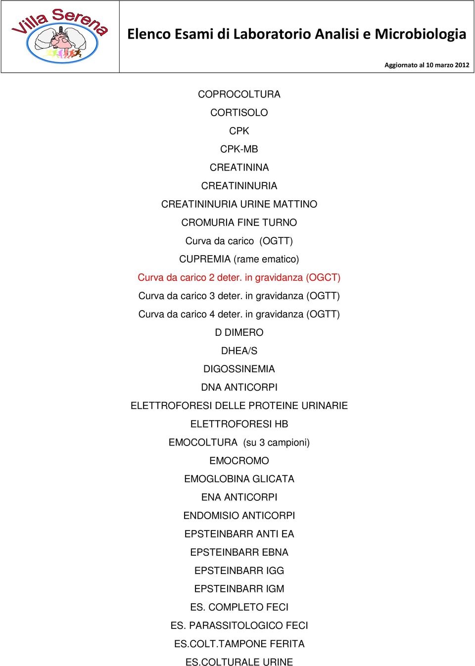 in gravidanza (OGTT) D DIMERO DHEA/S DIGOSSINEMIA DNA ANTICORPI ELETTROFORESI DELLE PROTEINE URINARIE ELETTROFORESI HB EMOCOLTURA (su 3 campioni) EMOCROMO