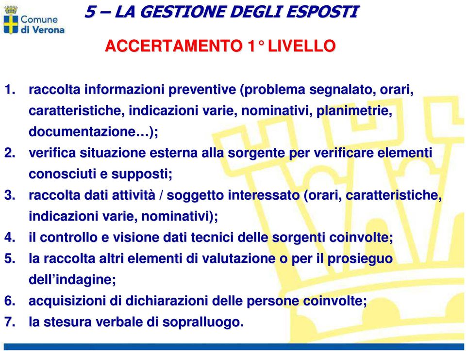 verifica situazione esterna alla sorgente per verificare elementi conosciuti e supposti; 3.