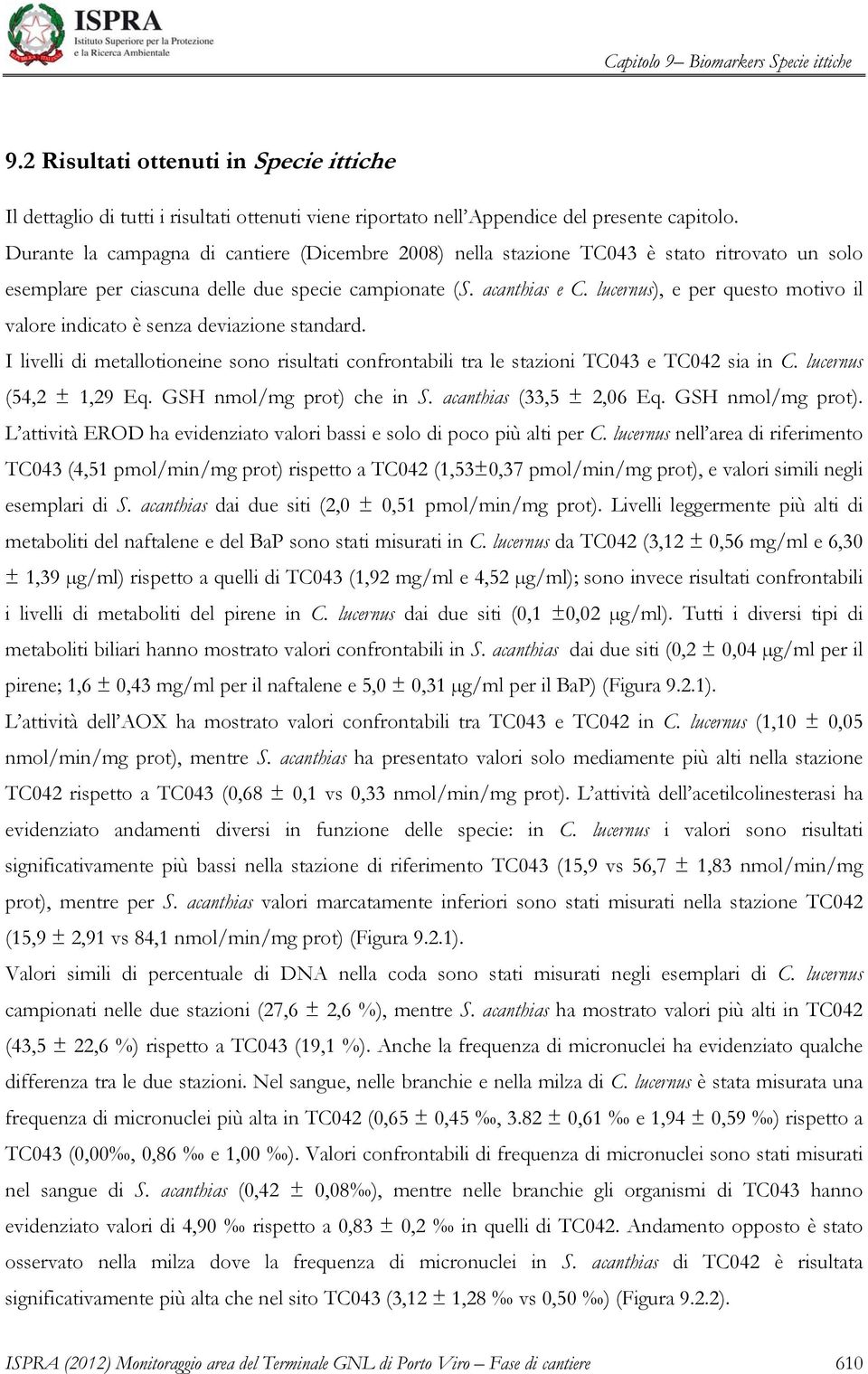 lucernus), e per questo motivo il valore indicato è senza deviazione standard. I livelli di metallotioneine sono risultati confrontabili tra le stazioni TC43 e TC42 sia in C. lucernus (54,2 ± 1,29 Eq.