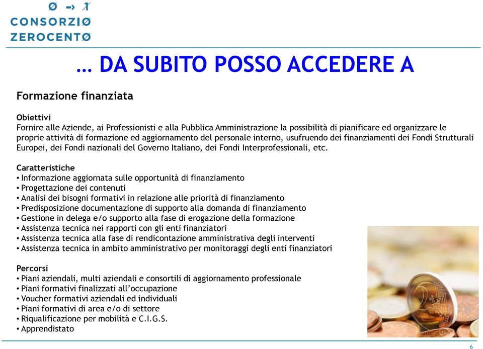 Caratteristiche Informazione aggiornata sulle opportunità di finanziamento Progettazione dei contenuti Analisi dei bisogni formativi in relazione alle priorità di finanziamento Predisposizione