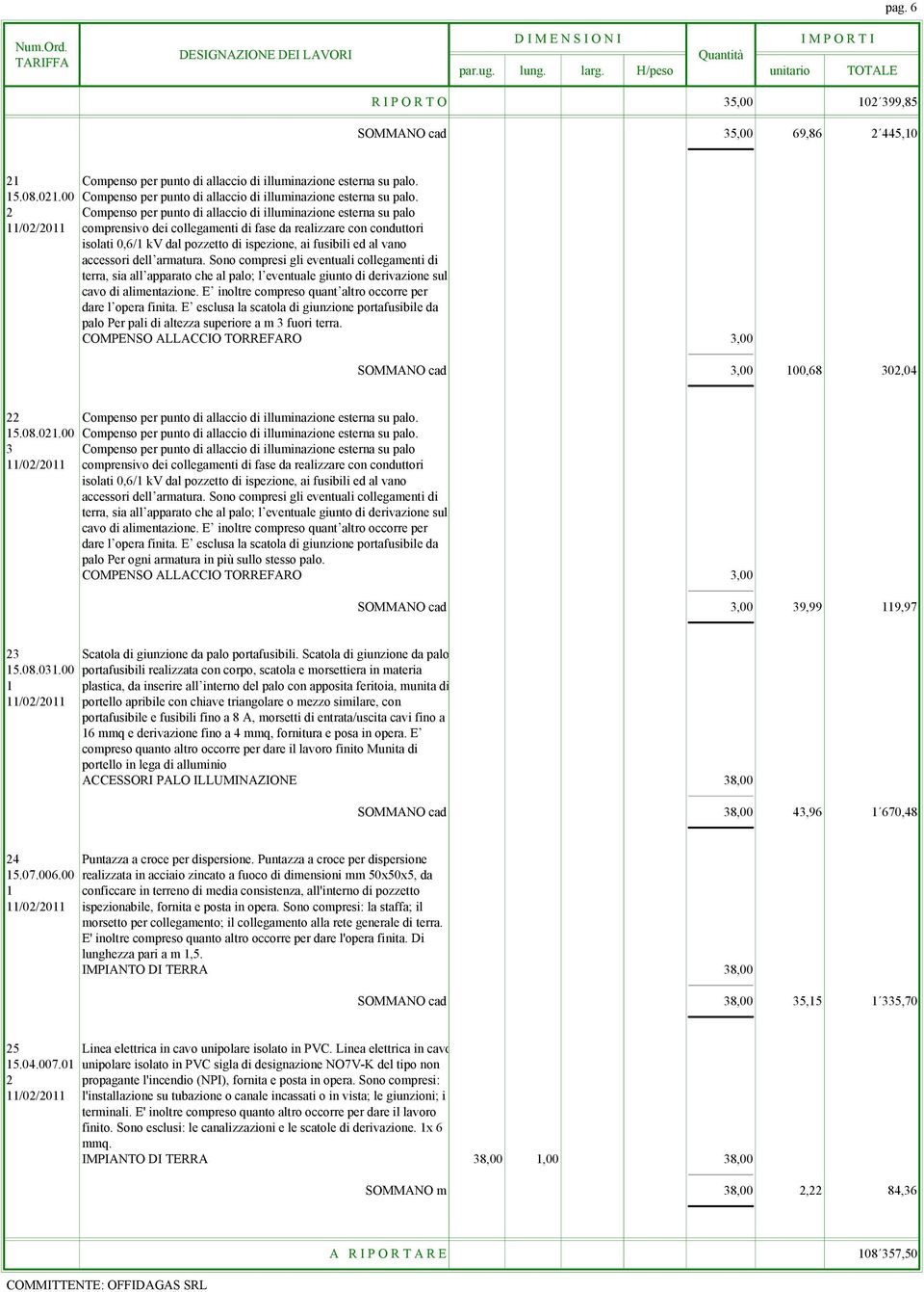 2 Compenso per punto di allaccio di illuminazione esterna su palo 11/02/2011 comprensivo dei collegamenti di fase da realizzare con conduttori isolati 0,6/1 kv dal pozzetto di ispezione, ai fusibili