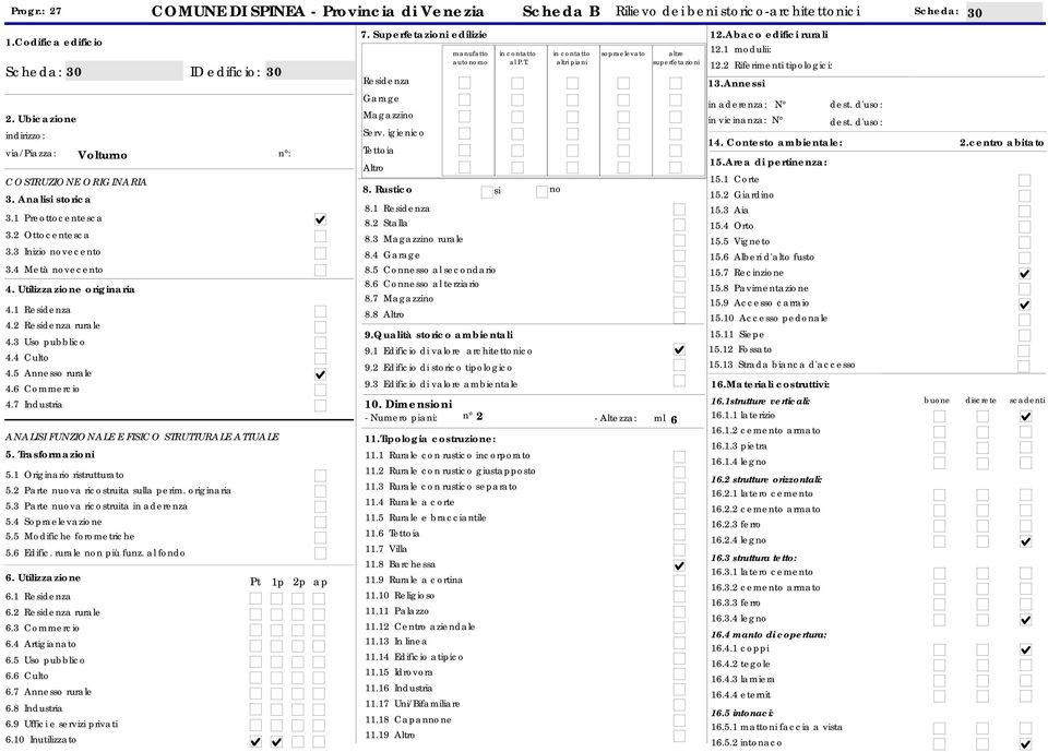 1 Residenza 4.2 Residenza rurale 4.3 Uso pubblico 4.4 Culto 4.5 Annesso rurale 4.6 Commercio 4.7 Industria ANALISI FUNZIONALE E FISICO STRUTTURALE ATTUALE 5. Trasformazioni 5.