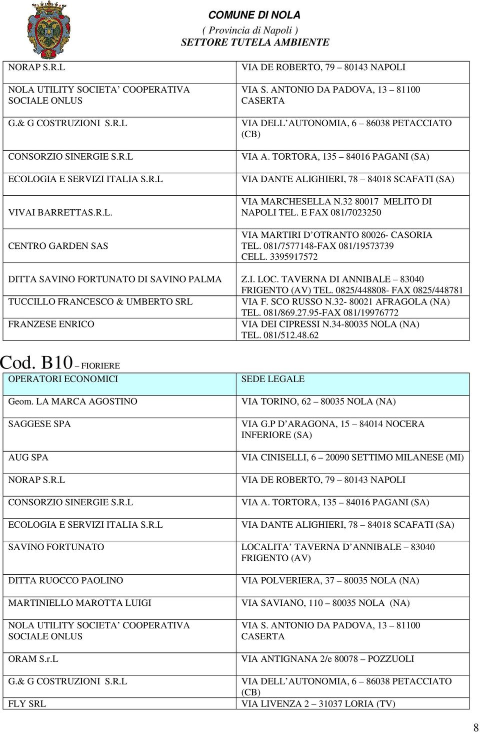 E FAX 081/7023250 VIA MARTIRI D OTRANTO 80026- CASORIA TEL. 081/7577148-FAX 081/19573739 CELL. 3395917572 DITTA SAVINO FORTUNATO DI SAVINO PALMA Z.I. LOC. TAVERNA DI ANNIBALE 83040 FRIGENTO (AV) TEL.