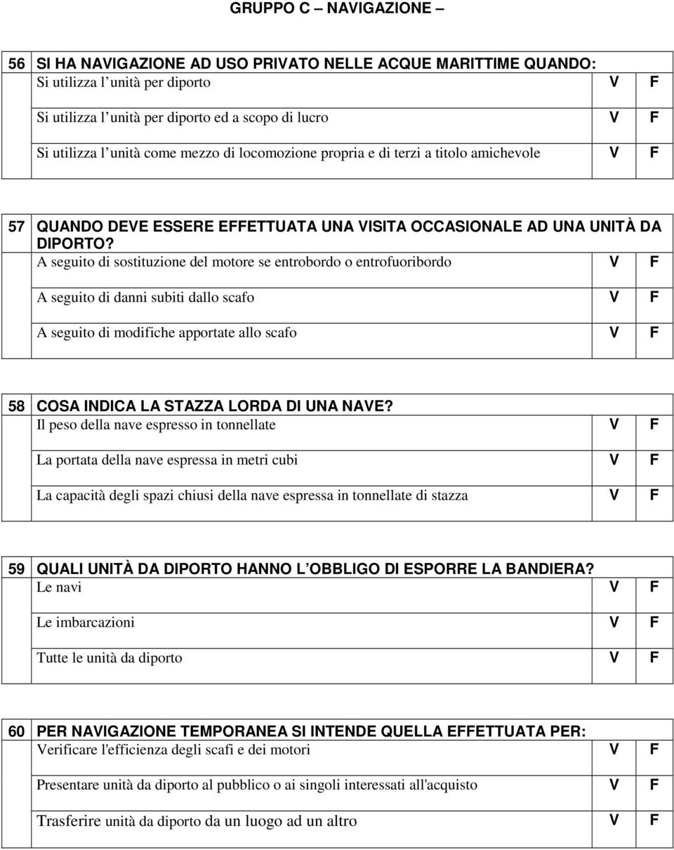 A seguito di sostituzione del motore se entrobordo o entrofuoribordo A seguito di danni subiti dallo scafo A seguito di modifiche apportate allo scafo 58 COSA INDICA LA STAZZA LORDA DI UNA NAE?