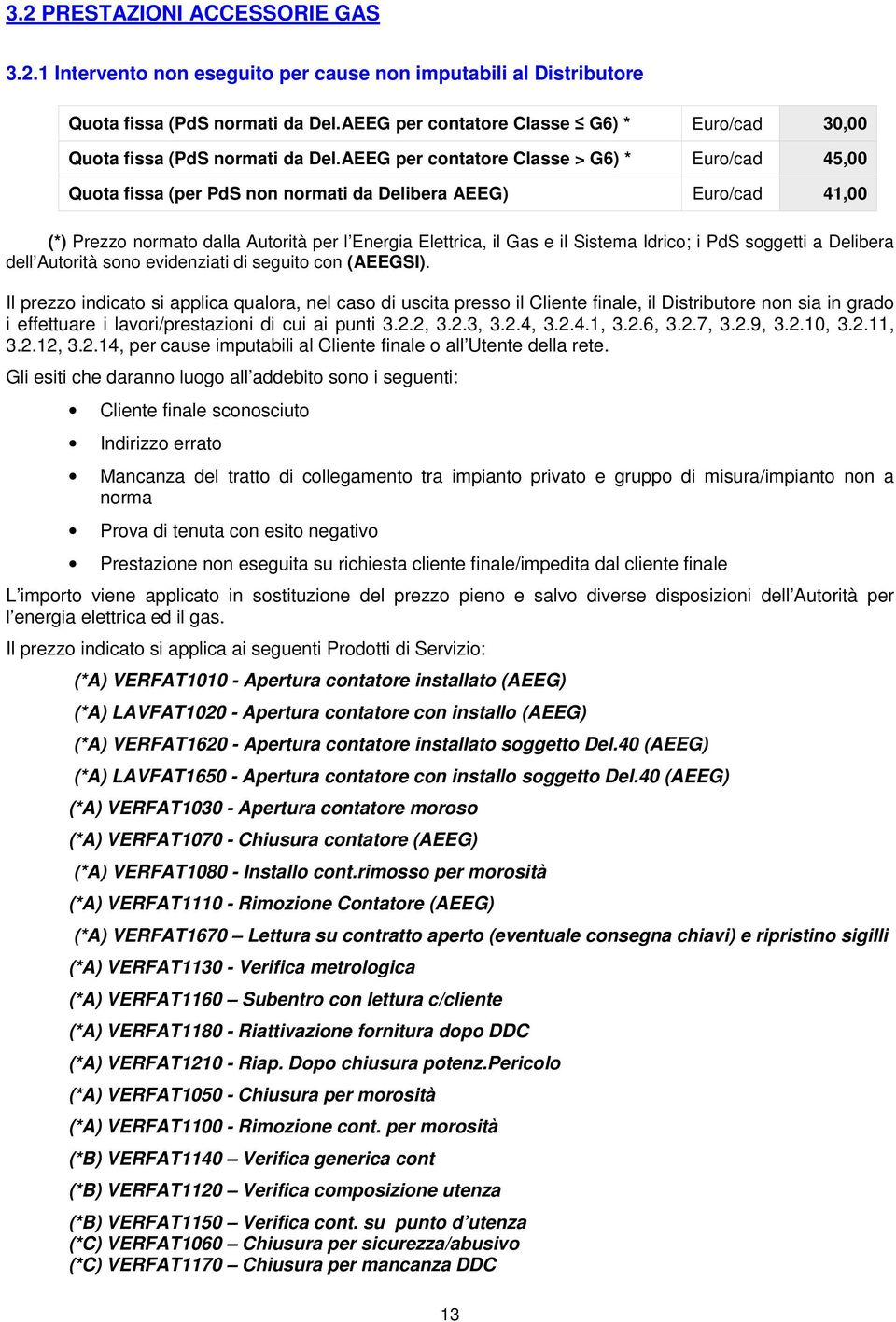 AEEG per contatore Classe > G6) * Euro/cad 45,00 Quota fissa (per PdS non normati da Delibera AEEG) Euro/cad 41,00 (*) Prezzo normato dalla Autorità per l Energia Elettrica, il Gas e il Sistema