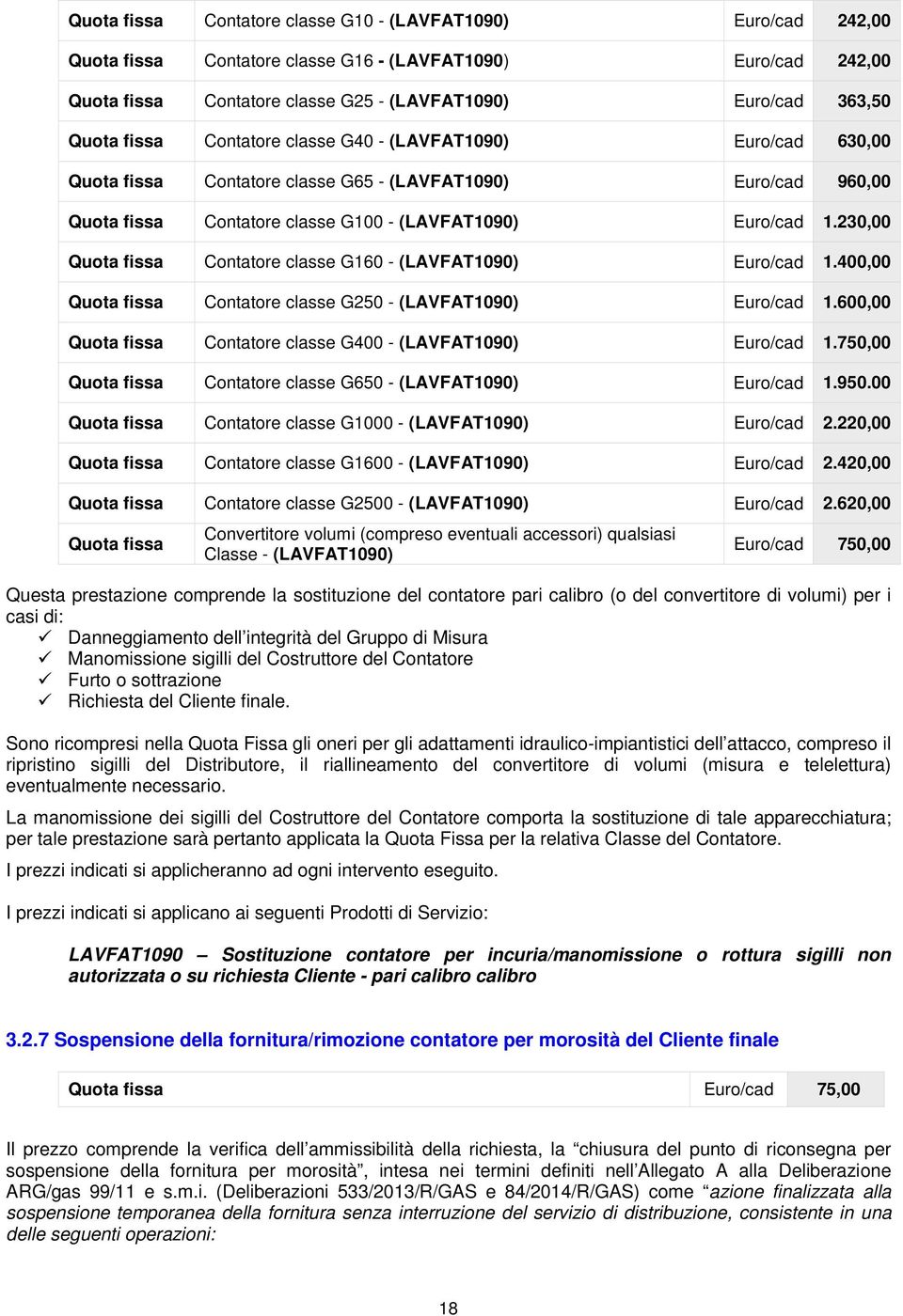 230,00 Quota fissa Contatore classe G160 - (LAVFAT1090) Euro/cad 1.400,00 Quota fissa Contatore classe G250 - (LAVFAT1090) Euro/cad 1.